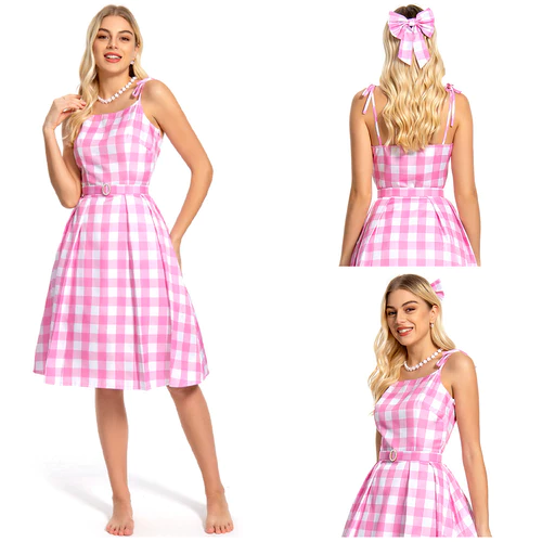 2023 Doll Movie Margot Robbie Pink Plaid Long Dress Outfits Cosplay Costume 1