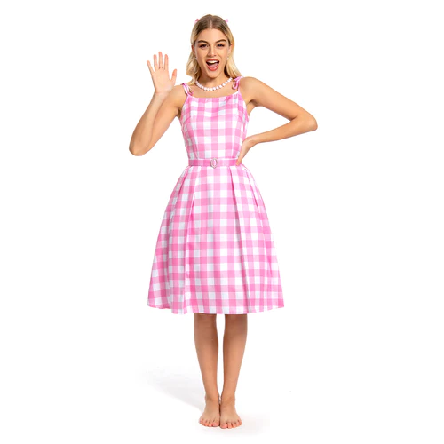 2023 Doll Movie Margot Robbie Pink Plaid Long Dress Outfits Cosplay Costume 10