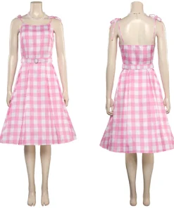 2023 Doll Movie Margot Robbie Pink Plaid Long Dress Outfits Cosplay Costume 13