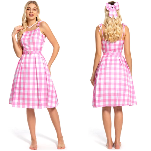 2023 Doll Movie Margot Robbie Pink Plaid Long Dress Outfits Cosplay Costume 14