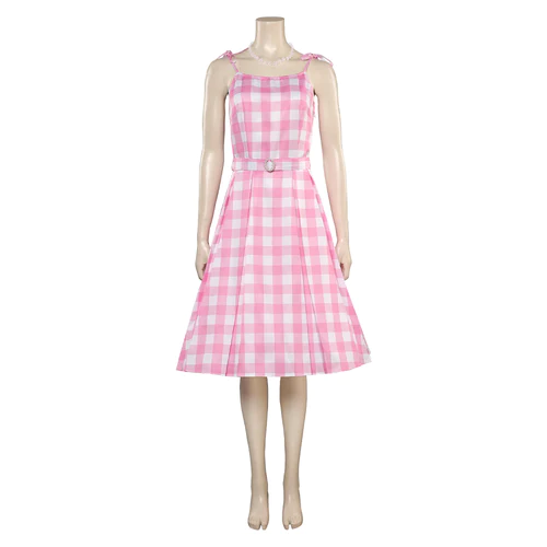 2023 Doll Movie Margot Robbie Pink Plaid Long Dress Outfits Cosplay Costume 3