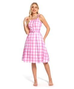 2023 Doll Movie Margot Robbie Pink Plaid Long Dress Outfits Cosplay Costume 4