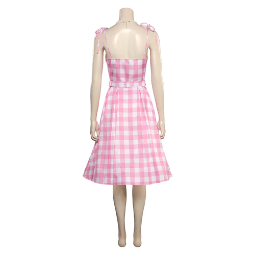 2023 Doll Movie Margot Robbie Pink Plaid Long Dress Outfits Cosplay Costume 6