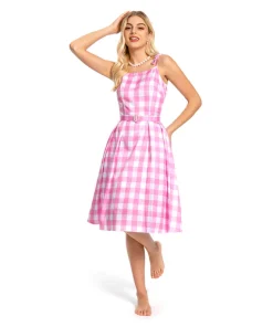 2023 Doll Movie Margot Robbie Pink Plaid Long Dress Outfits Cosplay Costume 7