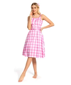 2023 Doll Movie Margot Robbie Pink Plaid Long Dress Outfits Cosplay Costume 8
