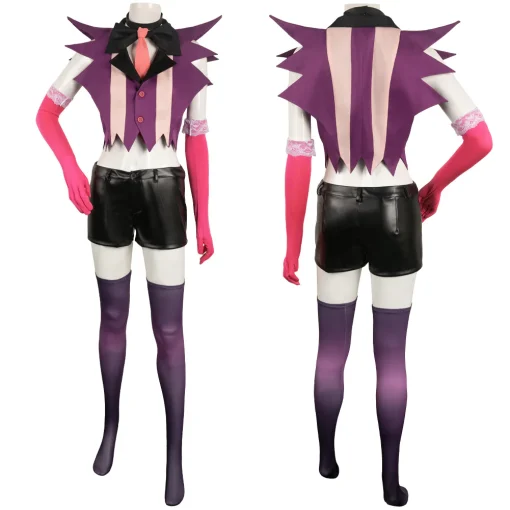 hazbin hotel tv angel dust women purple combat suit party carnival halloween cosplay costume